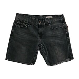 True Religion Ricky Cutoff Mens Shorts Flaps Black/Grey Denim Raw Hem Size 38